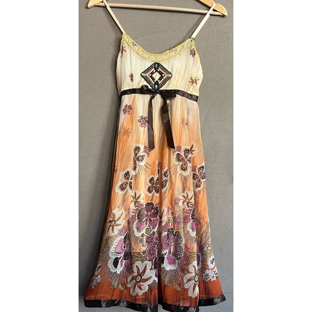 Floral Print Dress Brown Ribbon Waist Spaghetti Strap Sundress Summer Retro 70's